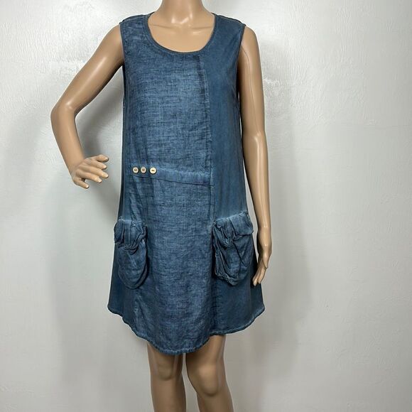 Dance In Paris Blue Chambray Sleeveless Mini Dress Size L - Picture 1 of 9